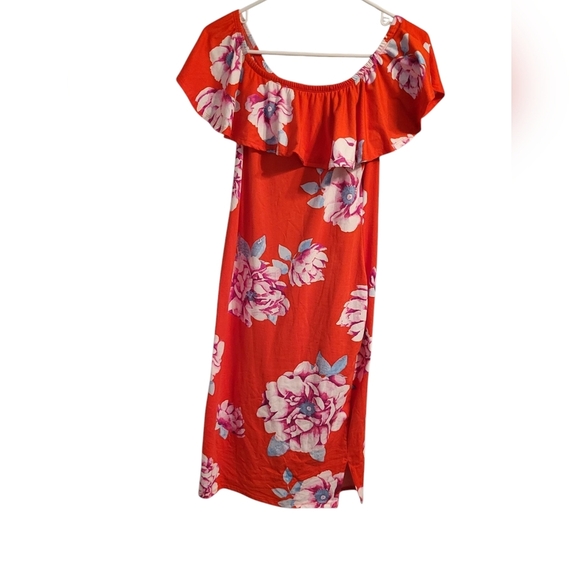 🩷 3/$15 Floral Red Dress w/Ruffle Sleeves, Off The Shoulder Wear Option, Medium - Picture 3 of 3